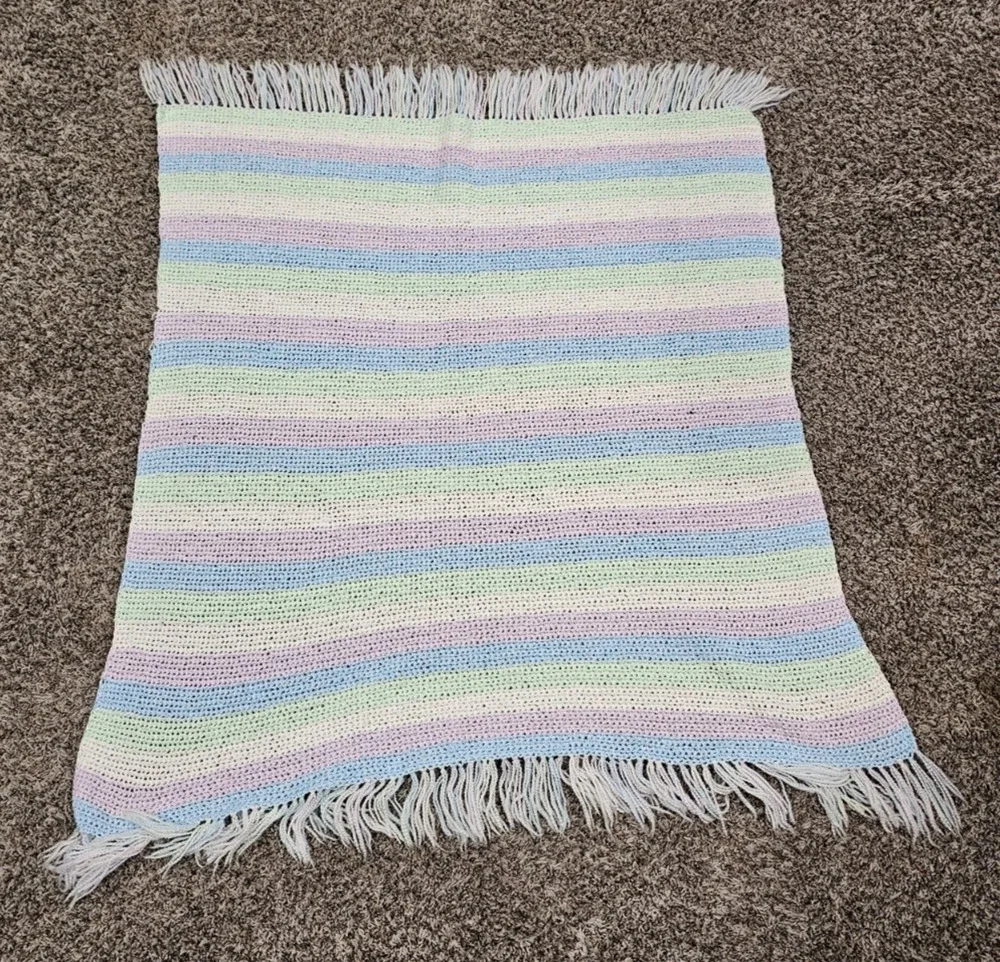 Vintage handmade crochet baby blanket Pastel Striped Fringe Hem Cottagecore